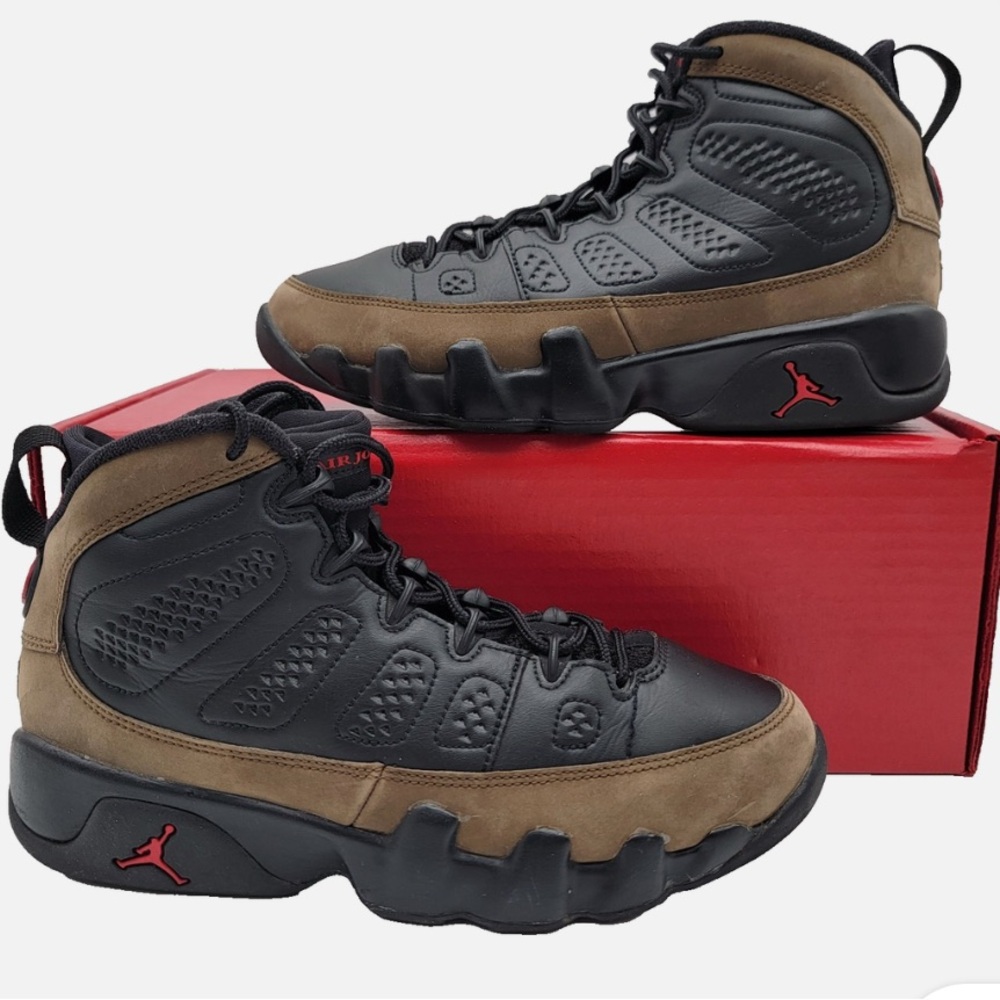 Jordan 9 Retro GS 'Olive' Black Red 2024 boys size 1 WELL WORN- FREE SHIPPING